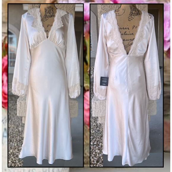 Lulus Women Illustrious Elegance Champagne Satin Long Sleeve Midi Dress Size: L - Picture 6 of 10